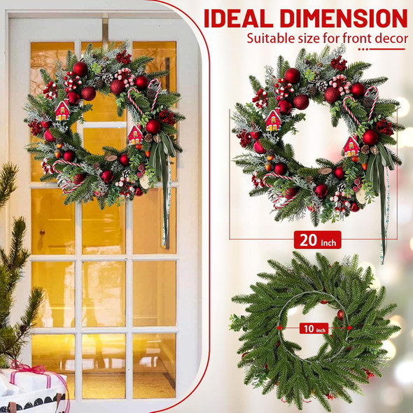 Christmas Wreath Decorations - 20" Christmas Wreaths for Front Door with Candy Canes Christmas Ball Ornaments, Lifelike Pine Cones Berries & Bow, Christmas Door Wreath for Indoor Outdoor Wall Decor