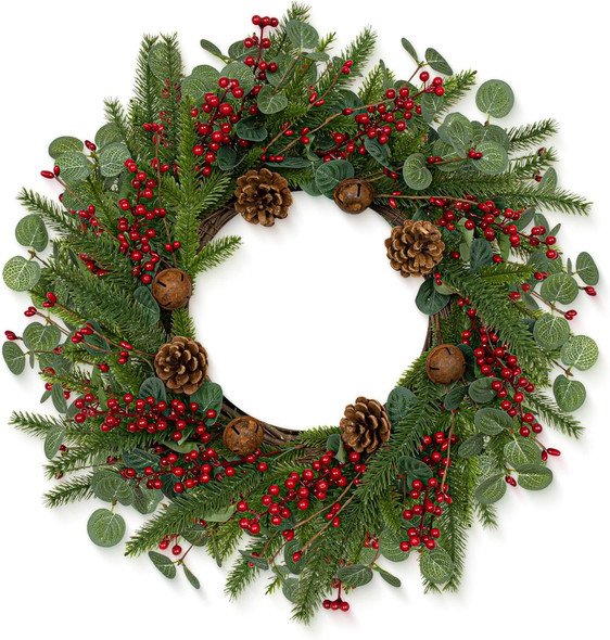 Artifical Christmas Door Wreath 22 Inches Christmas Wreaths for Front Door Rustic Winter Wreath with Evergreen Pine Needle Pinecone Red Berries for Wall Porch Window Holiday Indoor Outdoor