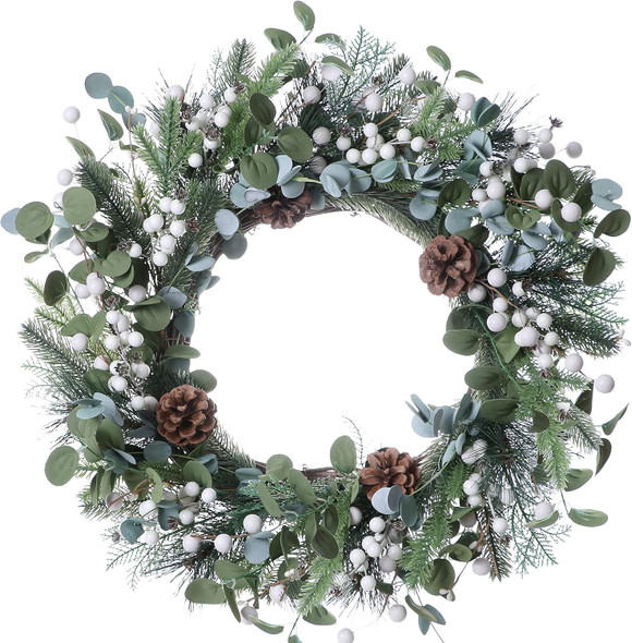 20 Inches Christmas Wreaths for Front Door Artificial Christmas Door Wreath Winter Wreaths with White Berries Pine Needles Pine Cones for Farmhouse Indoor Outdoor Window Porch Decoration