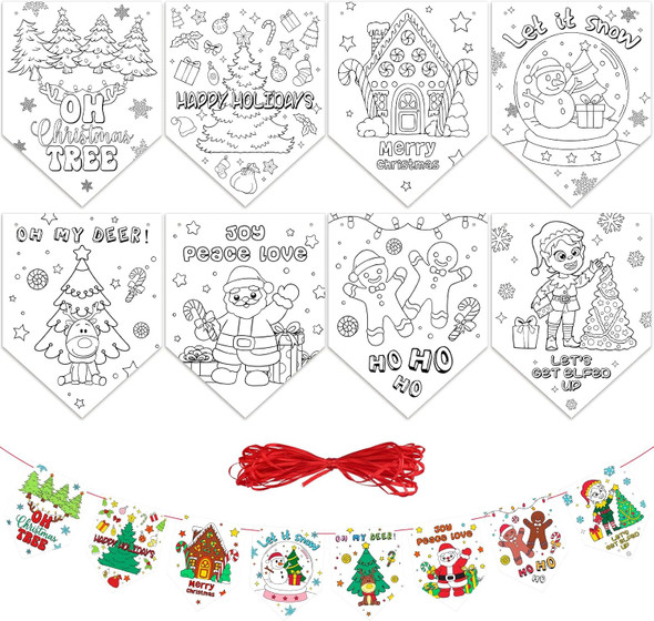 Yeaqee 40 Pcs Christmas Coloring Banner with Red Ribbon Winter Coloring Ornaments Crafts for Kids Santa Claus DIY Hanging Bunting for Xmas Tree Garland Fireplace Party Decorations
