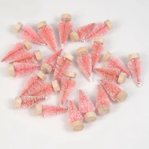 24Pcs Christmas Decorations Mini Christmas Trees, Artificial Christmas Tree Bottle Brush Trees with Wooden Base for Christmas Decor Christmas Party Home Table Craft-Pink