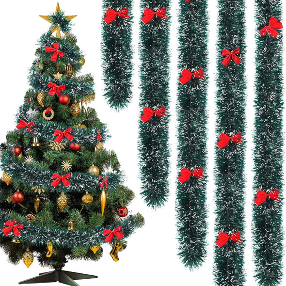 Christmas Garland Christmas Tinsel Garland with 38 Red Bows Metallic Outdoor Christmas Garland Hanging Garland Christmas Decorations Vintage Tinsel Wreaths for Holiday Party (Dark Green, White,150 ft)