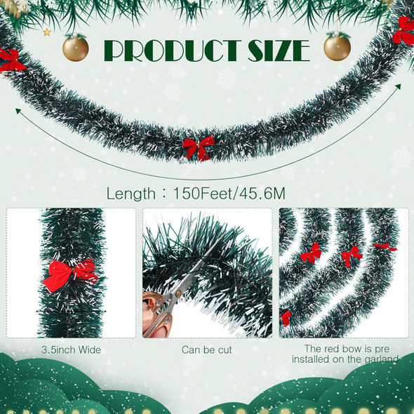 Christmas Garland Christmas Tinsel Garland with 38 Red Bows Metallic Outdoor Christmas Garland Hanging Garland Christmas Decorations Vintage Tinsel Wreaths for Holiday Party (Dark Green, White,150 ft)