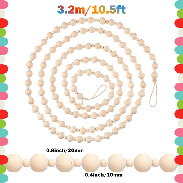 10.5 Feet Christmas Wooden Beads Xmas Bead Garland Round Bead Garland Farmhouse Bead Decor Rustic Vintage Decoration Boho Hanging Wood Beads for Christmas Tree Tiered Tray Prayer Beads (Wood Color)