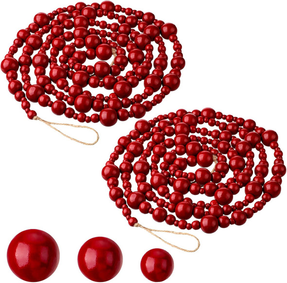 2 Pcs/ 16.4 Feet Christmas Wood Bead Garland Rustic Christmas Wooden Beads Decorative Christmas Tree Wood Beaded Garland Decor Farmhouse Boho Ornaments for Christmas Decoration Supplies (Dark Red)