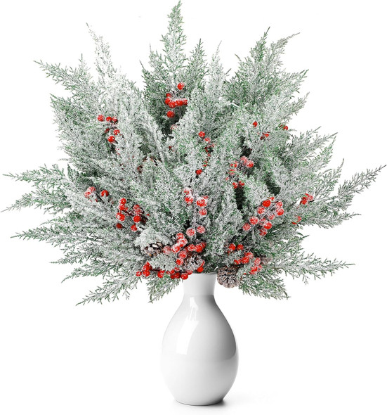 24 Pcs 18.5 Inch Snowy Faux Cedar Branches Frosted Artificial Cedar Picks and Sprays Cedar Twigs Stems Christmas Greenery Stems Green Artificial Cedar Sprigs for Christmas Holiday (Berry Pine Cones)