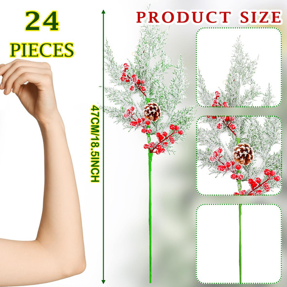 24 Pcs 18.5 Inch Snowy Faux Cedar Branches Frosted Artificial Cedar Picks and Sprays Cedar Twigs Stems Christmas Greenery Stems Green Artificial Cedar Sprigs for Christmas Holiday (Berry Pine Cones)