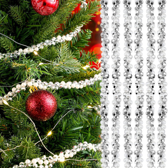 Yinder 11.8 ft Christmas Tree Beads Garland Artificial Pearls Beads Twisted Bead Garland Silver and White Bead Xmas Tree Bead Plastic Chain String Strand Garland for DIY Christmas Wedding Decoration