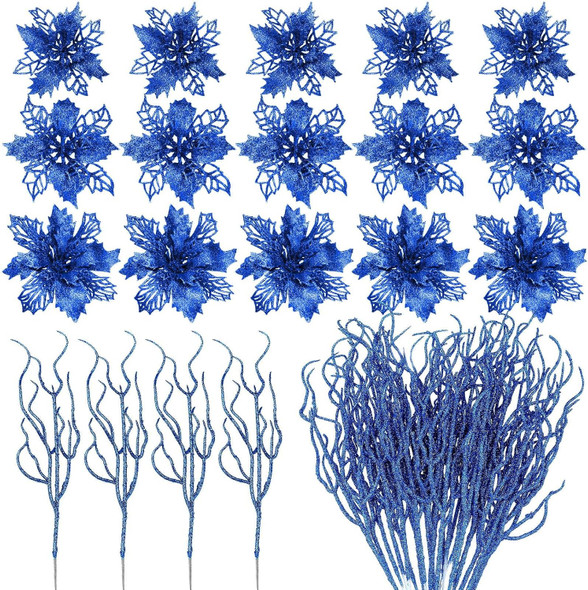 Yinder 48 Pcs Glitter Christmas Tree Filler Decorations Set 24 Pcs 13.7'' Christmas Curly Spray Picks 24 Christmas Poinsettia Flowers Artificial Twigs for Xmas Party Wreath Table Centerpiece (Blue)