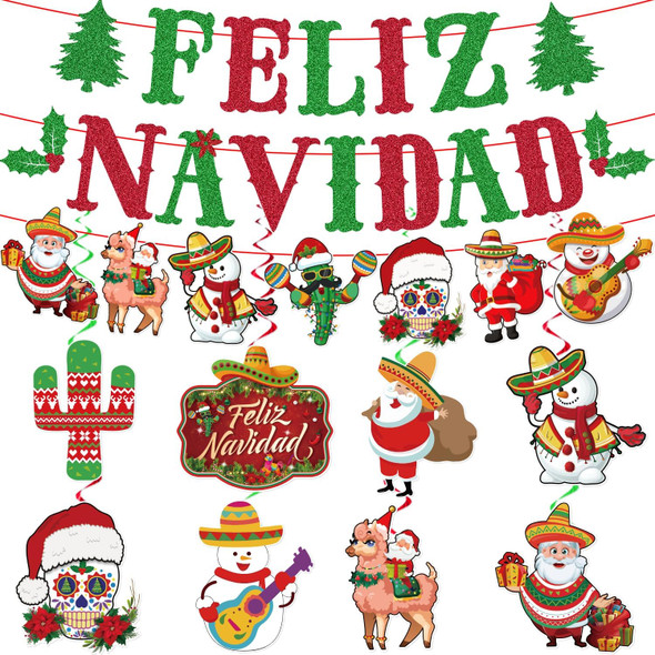 Glittery Feliz Navidad Banner Mexican Christmas Decorations Includes 1 Feliz Navidad Backdrop and 8 Hanging Swirls, Feliz Navidad Decorations for Home Office Fireplace Mantle