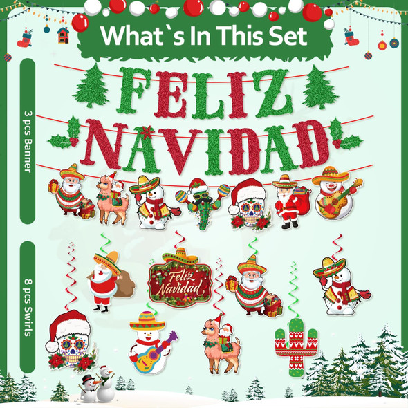 Glittery Feliz Navidad Banner Mexican Christmas Decorations Includes 1 Feliz Navidad Backdrop and 8 Hanging Swirls, Feliz Navidad Decorations for Home Office Fireplace Mantle