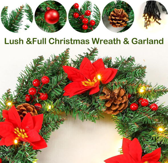 Yingzhao 2 Pcs Pre-lit 9ft Christmas Garlands with 17.7'' Artificial Xmas Wreath Poinsettia Christmas Garland Decorations with Large Red Bows Wreath Hanger for Holiday Fireplace Pathway Home Decor