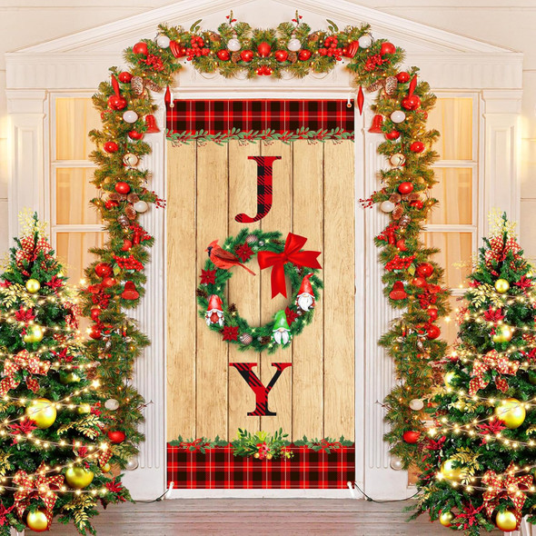 Christmas Joy Door Cover Decorations Wood Grain Christmas Wreath Door Banner Xmas Gnome Cardinal Door Cover Backdrop for Christmas Winter Holiday Farmhouse Front Door Indoor Outdoor Party Supplies