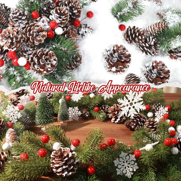 200Pcs 1.5-3 Inches Christmas Pine Cones, Mixced Snowflake Ornaments and Berry Pine Branch Set, Bulk Xmas Decorations for Winter DIY Crafts Tag Party Supplies