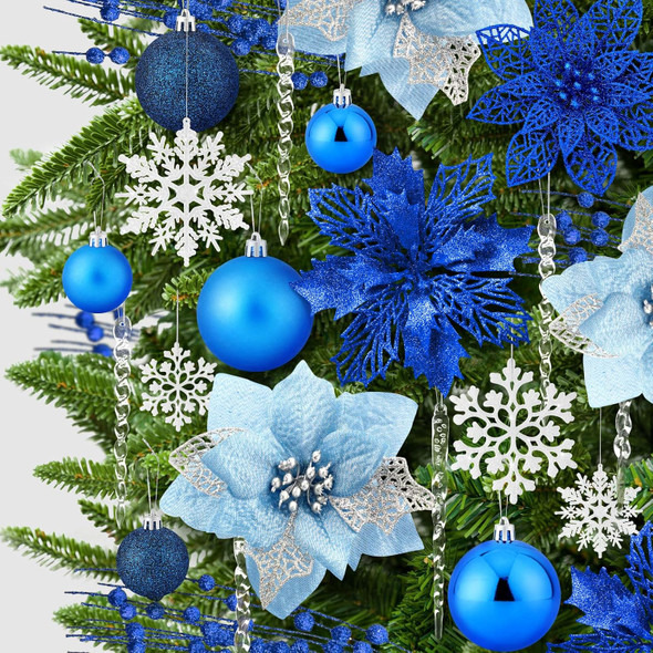 92pcs Christmas Tree Decoration Set, Christmas Ball Ornaments Bulk, Artificial Glitter Poinsettia Flowers, Hanging Crystal Snowflake Drop, Xmas Flowers for Holiday Wedding Year Party Decor (Blue)
