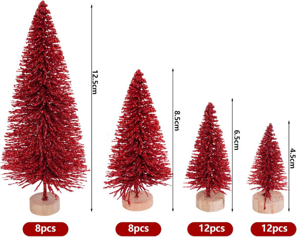 Yookat 40Pcs Mini Christmas Trees Artificial Mini Pine Trees with Wood Base Sisal Trees Bottle Brush Trees Assorted Color for Christmas Decoration Winter Ornaments (Dark Red)