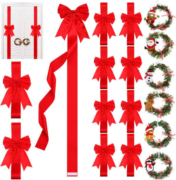 Ysleen 12 Pcs Christmas Cabinet Ribbon Bows and 6 Pcs Christmas Pine Wreath with Snowman Santa Claus Festive Large Xmas Bows Artificial Christmas Front Door Wreath for Christmas Party(Red)