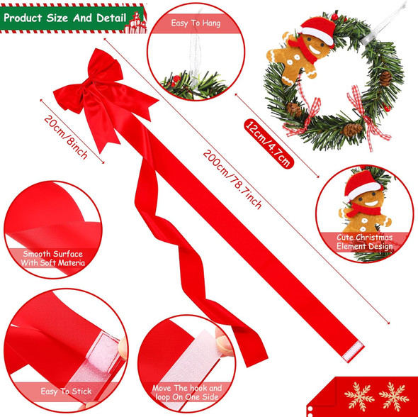 Ysleen 12 Pcs Christmas Cabinet Ribbon Bows and 6 Pcs Christmas Pine Wreath with Snowman Santa Claus Festive Large Xmas Bows Artificial Christmas Front Door Wreath for Christmas Party(Red)