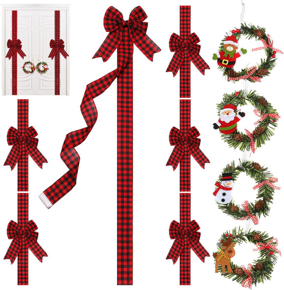 Ysleen 6 Pcs Christmas Cabinet Ribbon Bows Festive Large Xmas Bows and 4 Pcs Christmas Pine Wreath with Snowman Santa Claus Artificial Christmas Front Door Wreath for Christmas Party (Black and Red)