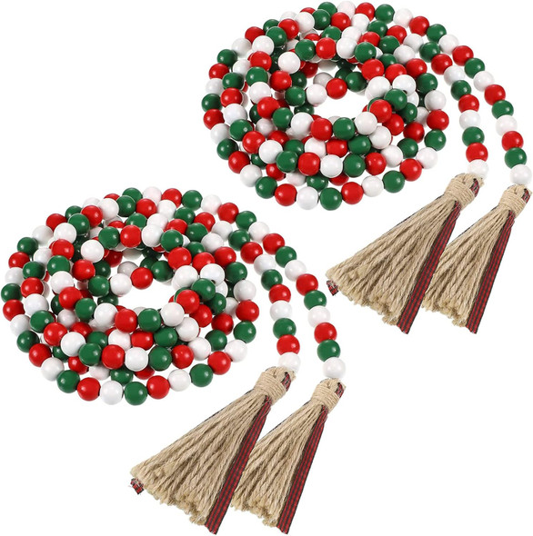 2 Pieces Christmas Wooden Beads Garland 41’’ Farmhouse Garland with Buffalo Plaid Tassel Winter Rustic Tier Tray Decor for Xmas Tree Holiday Ornaments Decor