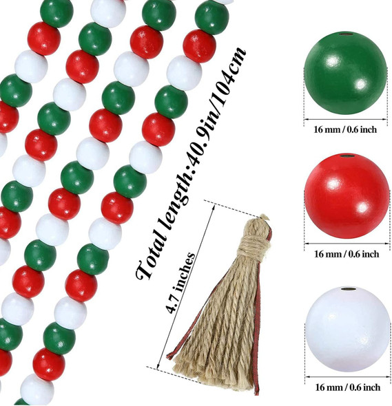 2 Pieces Christmas Wooden Beads Garland 41’’ Farmhouse Garland with Buffalo Plaid Tassel Winter Rustic Tier Tray Decor for Xmas Tree Holiday Ornaments Decor