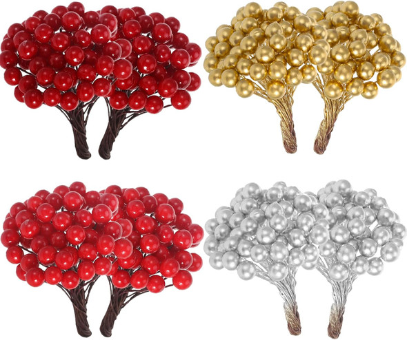 400 Pieces Artificial Holly Berries Christmas Fake Berries on 200 Pieces Wire Stems for Christmas Tree Decorations Craft Flower Wreath DIY Supplies (Wine Red,Red,Gold,Silver)