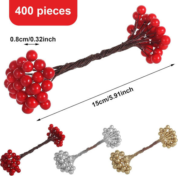 400 Pieces Artificial Holly Berries Christmas Fake Berries on 200 Pieces Wire Stems for Christmas Tree Decorations Craft Flower Wreath DIY Supplies (Wine Red,Red,Gold,Silver)