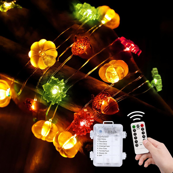 Thanksgiving Decoration 10FT 30 LED 3D Pumpkin Maple Acorn Leaf String Lights Battery Operated USB Plug Remote Timer Orange Fall Lights for Home Autumn Garland Harvest Halloween Party Christmas Decor