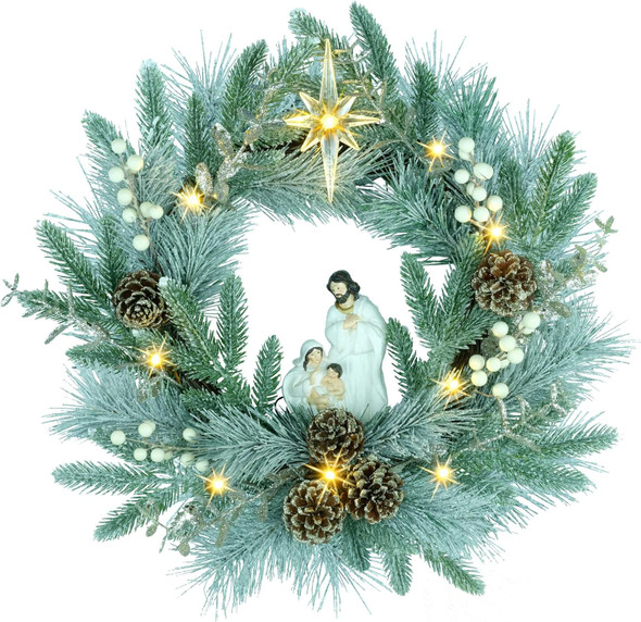 YULETIME 20" Pre-Lit Nativity Wreath, Battery Operated with 10 Fairy Lights, Holy Family Nativity Statue, Star of Bethlehem, Pine Cones, White Mistletoe, Frosted Spruce Branches (Nativity Frosted)