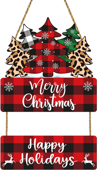 Christmas Door Decorations Merry Christmas Sign Buffalo Plaid Christmas Tree Wall Decor Christmas Door Sign Wooden Christmas Door Hanger Happy Holidays Sign for Front Door Porch Indoor Home Decor
