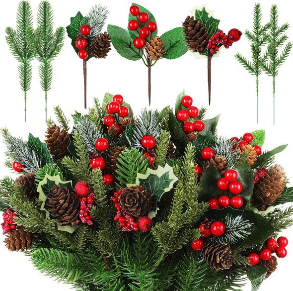60 Pcs Christmas Artificial Green Pine Needles, Christmas Floral Picks Artificial Holly Red Berry Twig Stem Pine Snowy Cone Branches Garland Bulk for Xmas Tree Craft Holiday Winter (Charming Style)