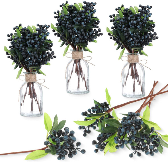 Yunsailing 30 Pcs Artificial Blue Berry Stems Bulk, 9.8 Inch Faux Berry Picks with Green Leaves, Fake Short Branch Fruit Flower for Christmas Tree Garland Home Wedding DIY Party Decoration(Blue)