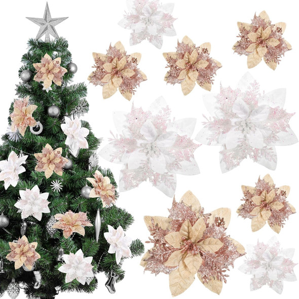 Yunsailing 30 Pcs Poinsettia Christmas Artificial Glitter Flower Xmas Flower Poinsettia for Xmas Tree Artificial Poinsettia Flower for Christmas Tree for Craft Decor (Rose Gold, Silvery White)