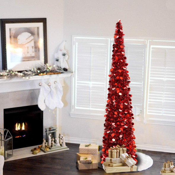 5FT Pop-Up Artificial Christmas Tree, Collapsible Pencil Christmas Tree for Indoor, Outdoor, Apartment, Party Decorations and Home Decor.Red