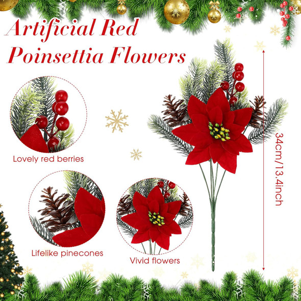 8 Pcs 13.4 Inch Red Poinsettia Artificial Christmas Flowers Bouquet with Pine Cone Red Berry Pine Needle Artificial Plants Christmas Decor for Craft Xmas Tree Garland Home Indoor Outdoor