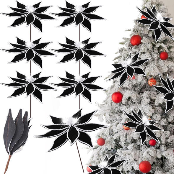 6 Pcs Large Christmas Flowers Black Poinsettia Flowers 13 Inch Artificial Christmas Tree Flowers with Stem Black Faux Flower Christmas Ornaments for Xmas Wreath Wedding Party Decoration