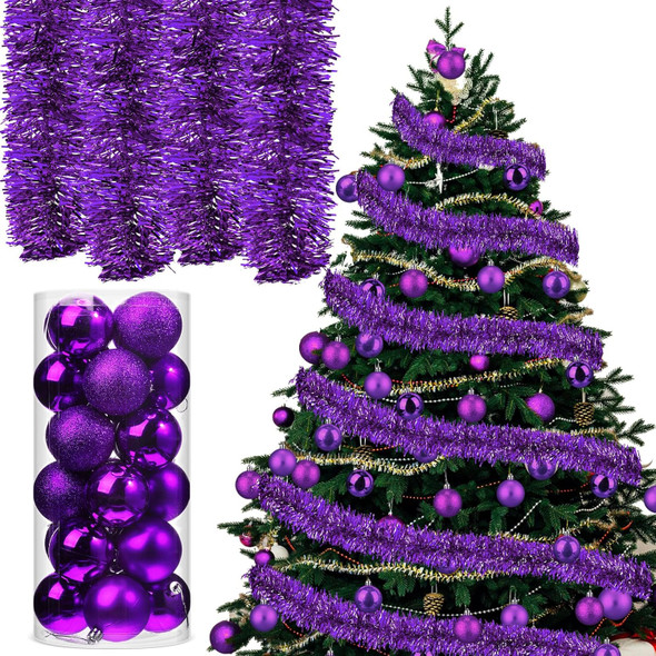 33 ft Christmas Tinsel Garland with 24 Pcs 2.3" Christmas Ball Ornaments Metallic Twist Garland Christmas Tree Decorations for Xmas Wedding Birthday (Purple)