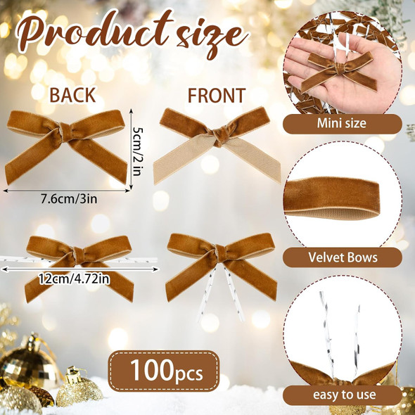 100 Pcs Mini Velvet Christmas Tree Bows Garland Decor Vintage Wreath Bow Velvet Ribbon Bows for Christmas Tree Xmas Home Decor Wedding Outdoor Indoor(Khaki)