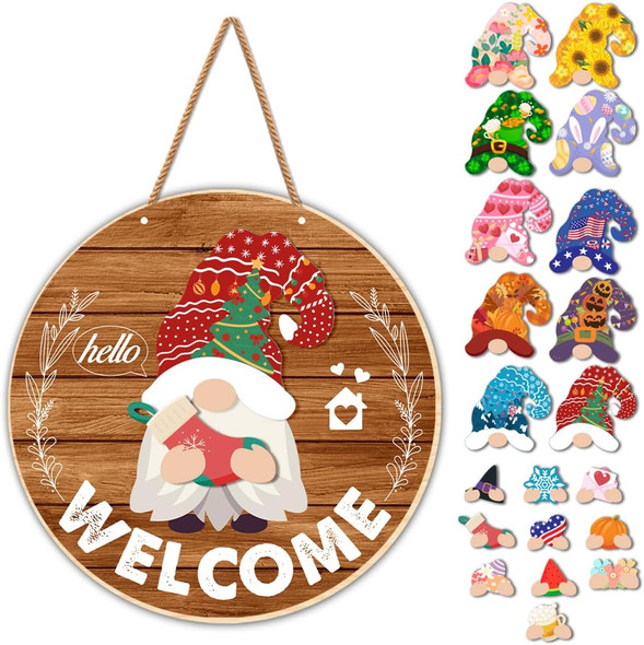 Gnome Welcome Sign Christmas Porch Decor, Interchangeable Seasonal Decor Wood Winter Wreath Hangers for Front Door Changeable Holiday Gnomes Decorations for Home Wall Decor (21 Pcs)