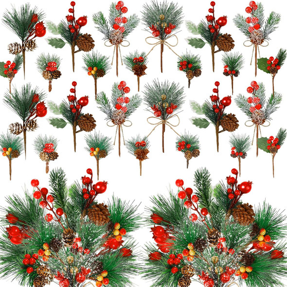 50Pack Christmas Picks Artificial Assorted Red Berry Stems Christmas Tree Picks and Faux Sprays Pine Picks with Evergreen Holly Sprigs for Winter Crafts Wreath Supplies Christmas Tree Decoration