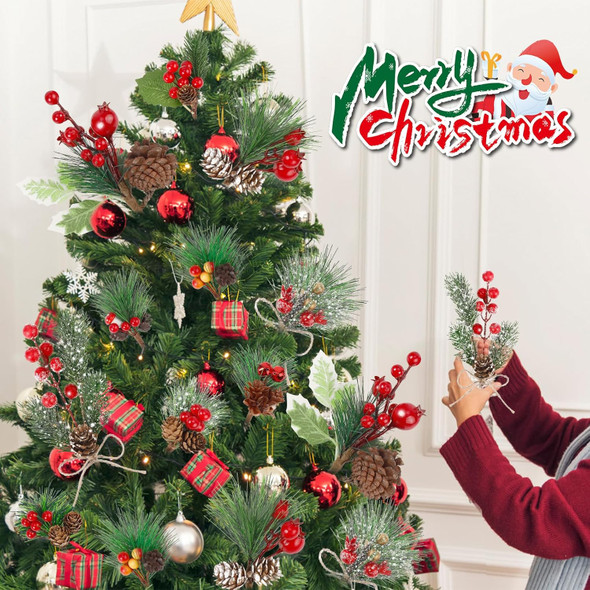 50Pack Christmas Picks Artificial Assorted Red Berry Stems Christmas Tree Picks and Faux Sprays Pine Picks with Evergreen Holly Sprigs for Winter Crafts Wreath Supplies Christmas Tree Decoration