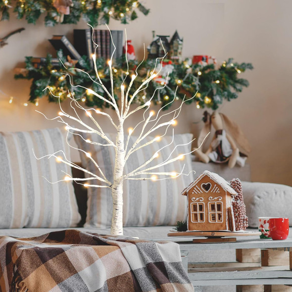 Lighted Birch Tree for Christmas Decorations 2FT Tabletop Light up Birch Tree with 24 LED Lights Mini Christmas Tree Decor for Indoor Home Table Decor Battery Operated (Warm White, Timer)