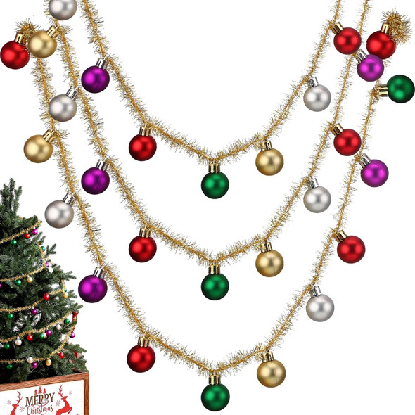16 ft Christmas Ball Garland Ball Ornaments Colorful Christmas Tree Ball Decorations Red Green Gold Tinsel Xmas Tree Balls Garland for Christmas Tree Fireplace Wreath Decor Indoor Outdoor Home Office