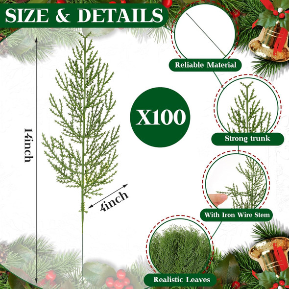 Zeyune 100 Pcs Christmas Artificial Pine Picks Green Fake Pine Branches for Vase Filler 14 Inch Needle Branches Artificial Leaves Faux Pine Leaves Picks for Xmas Holiday Garland DIY Wreath Home Decor
