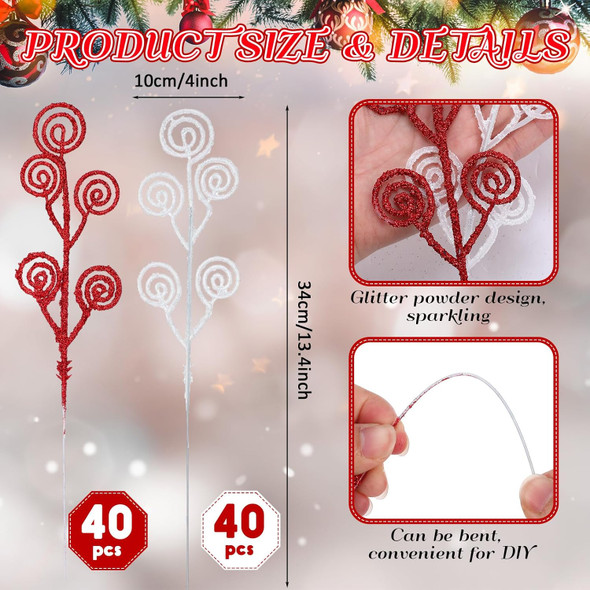 Zeyune 80 Pcs Christmas Candy Shape Curly Sticks Glitter Stem Ornaments Decorative Christmas Tree Picks Artificial Christmas Glittery Twigs for Wedding Holiday Party Home Decorations (Red White)