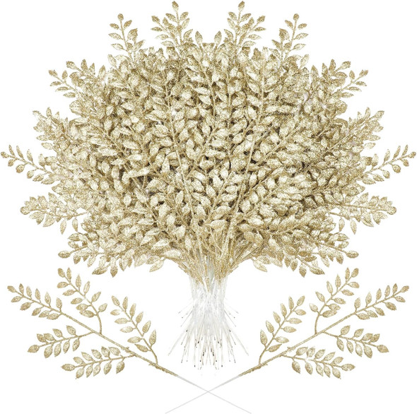 Zeyune 100 Pcs 14.6 Inch Glitter Artificial Christmas Picks Shinny Leaf Spray Christmas Tree Picks and Sprays Floral Picks for Xmas Winter Wreath Vase Fillers DIY Floral Arrangements (Champagne Gold)
