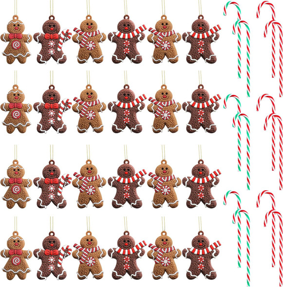 Zhanmai 36 Pcs Gingerbread Man Ornaments for Christmas Tree Christmas Candy Canes Ornaments Christmas Hanging Ornaments Decoration for Christmas Tree Home Xmas Holiday Party Decor