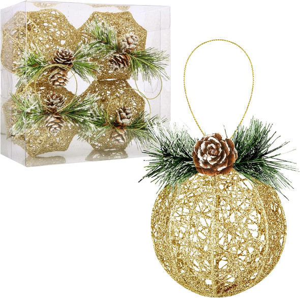 Christmas Ball Ornaments, 4pc Set Gold Pinecone Rattan Thread String Christmas Tree Ornament Xmas Trees Wedding Party Decorations