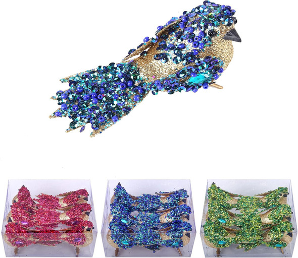 6pcs Artificial Bird with Clip- 4.25" Blue/Gold Bird Chrsitmas Tree Ornament Christmas Holy Wreath Decorations