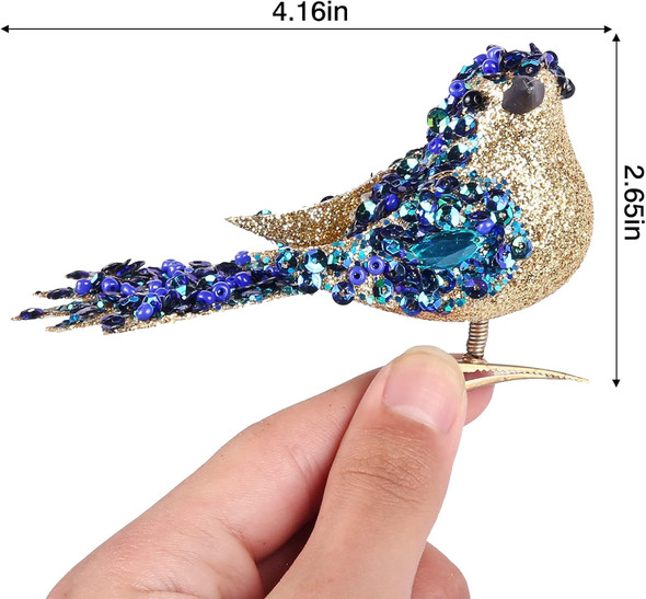 6pcs Artificial Bird with Clip- 4.25" Blue/Gold Bird Chrsitmas Tree Ornament Christmas Holy Wreath Decorations